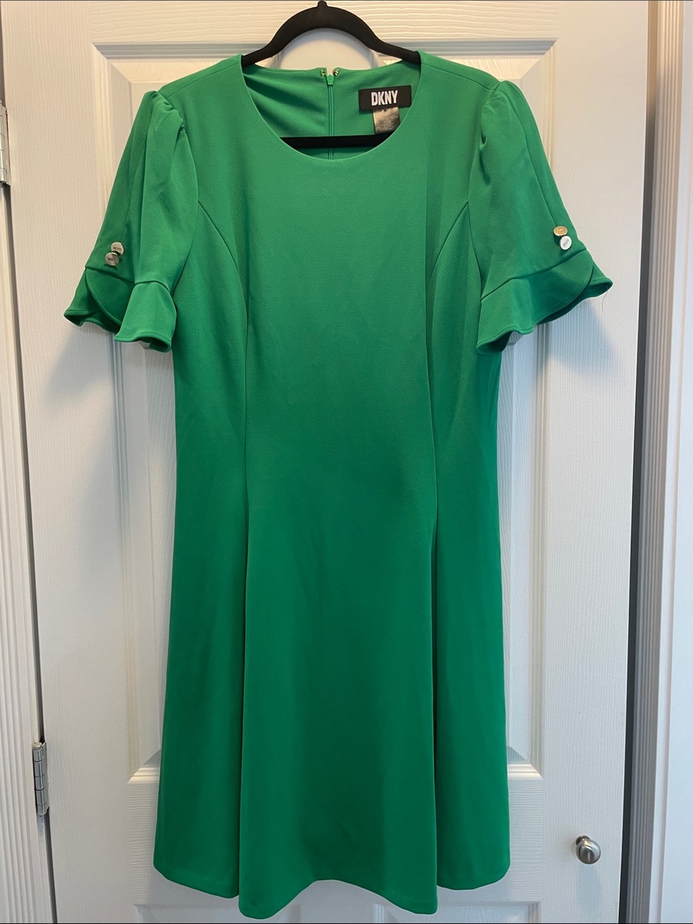 DKNY Emerald Green Midi Dress with Ruffle Sleeves
